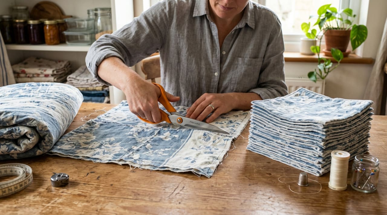 O processo de transformar uma capa de edredom usada em panos úteis não exige habilidade com costura nem equipamentos especializados.