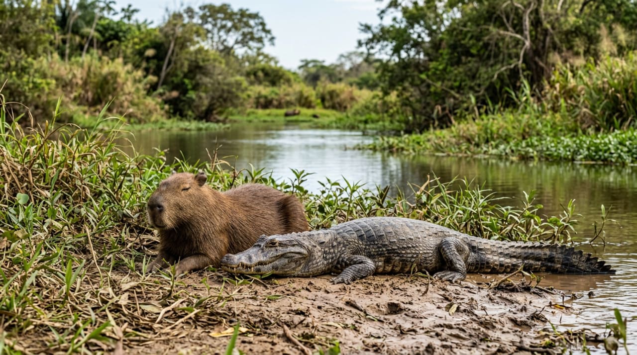 Uma “trégua” estranha: Uma capivara foi vista dormindo ao lado de um enorme grupo de jacarés, e a explicação não é amizade. É pura sobrevivência