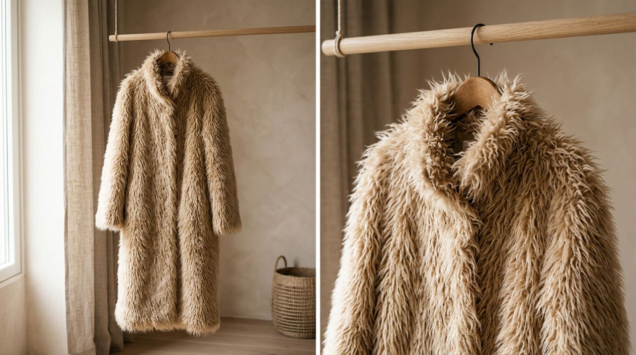 O modelo em destaque é o tapado shaggy longo, levemente oversized e com pelo bem visível.