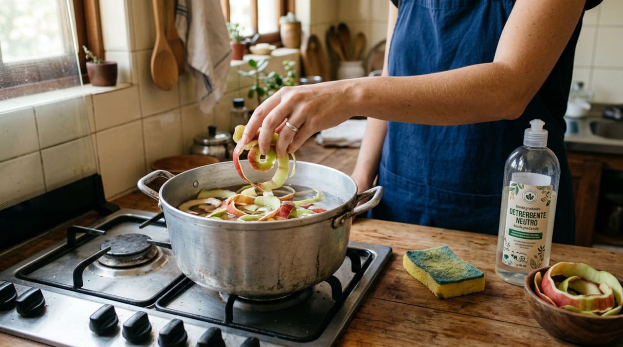 O método de limpeza de panelas de alumínio com cascas de maçã não exige nenhum preparo especial nem equipamento adicional