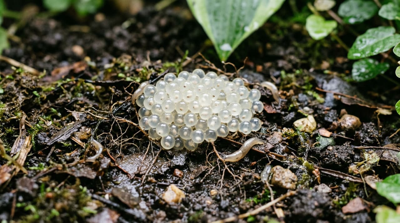 Os ovos de lesmas no solo costumam ter aparência discreta e facilmente passam despercebidos durante o manejo do jardim