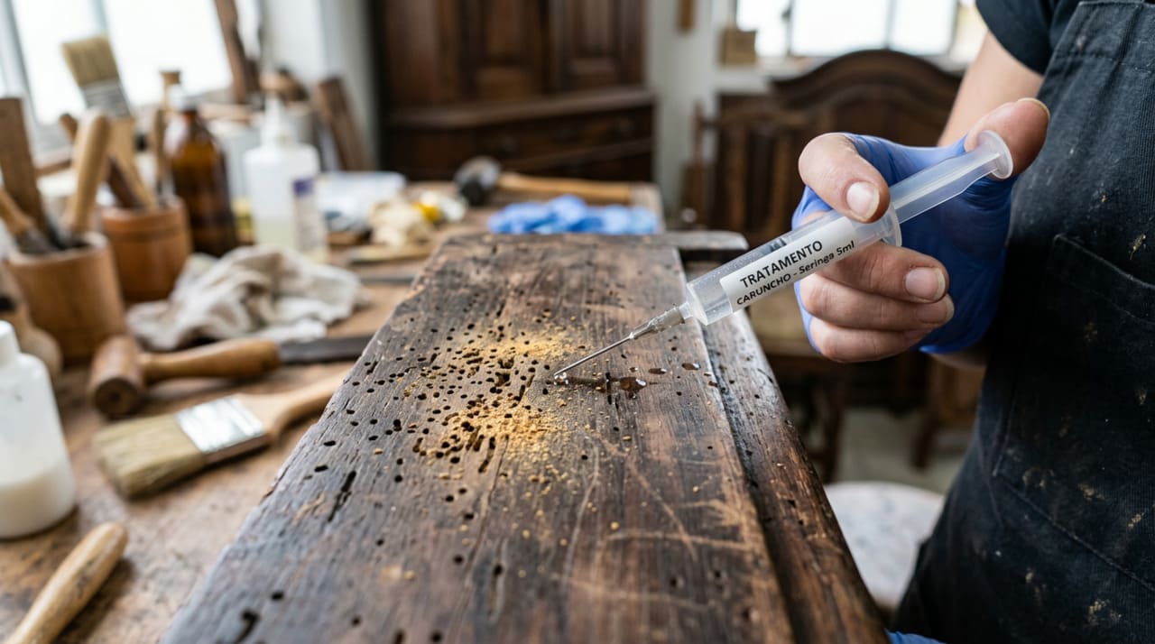 A madeira perde resistência quando as larvas cavam túneis invisíveis internamente