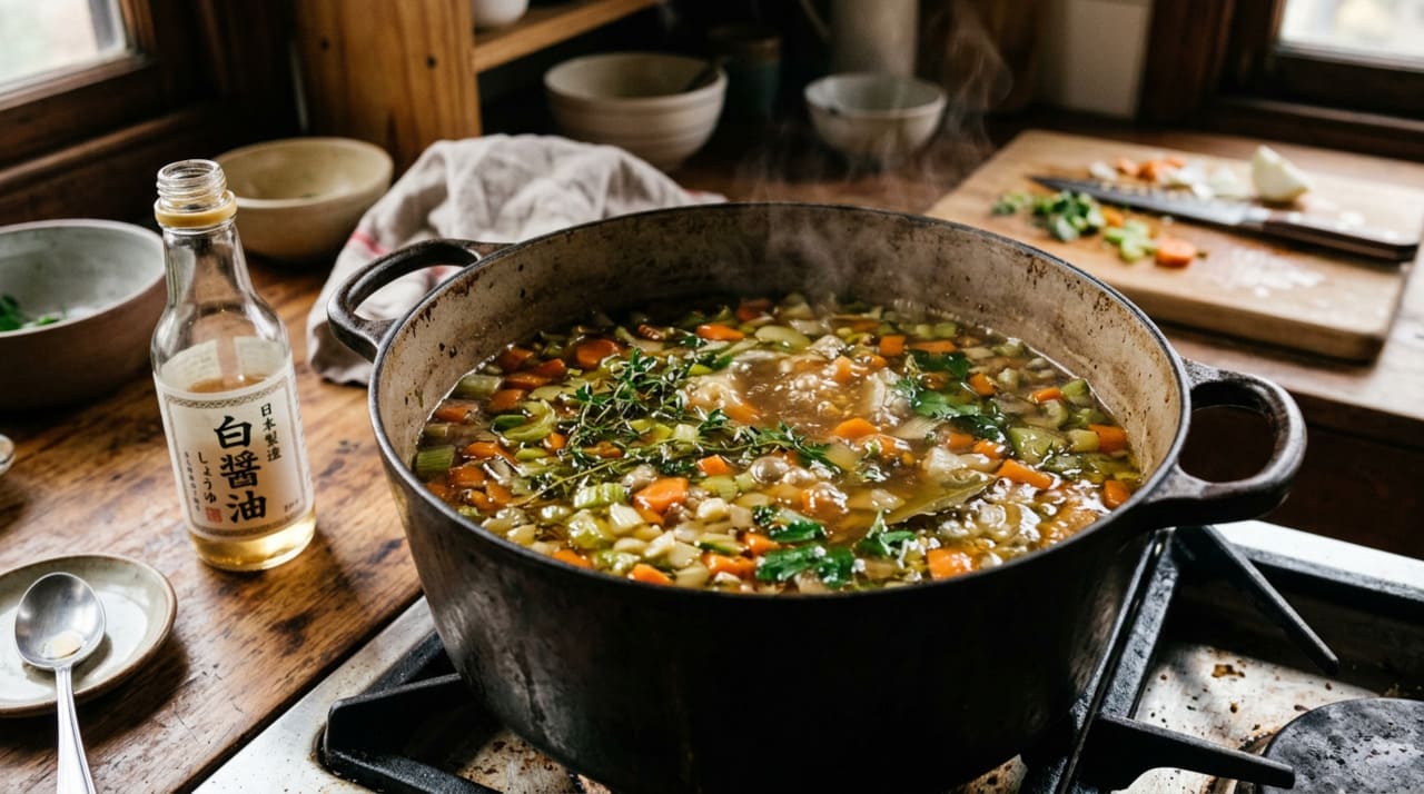 O toque final que separa um caldo comum de um caldo extraordinário é a adição de uma pequena quantidade de molho de soja branco