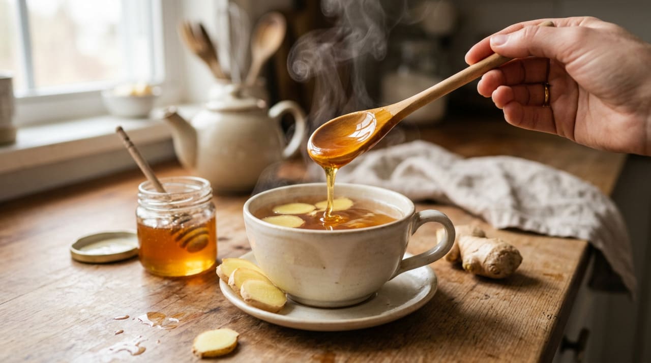 Gengibre com mel é tradicionalmente usado para aliviar dor de garganta, tosse leve e desconforto respiratório inicial