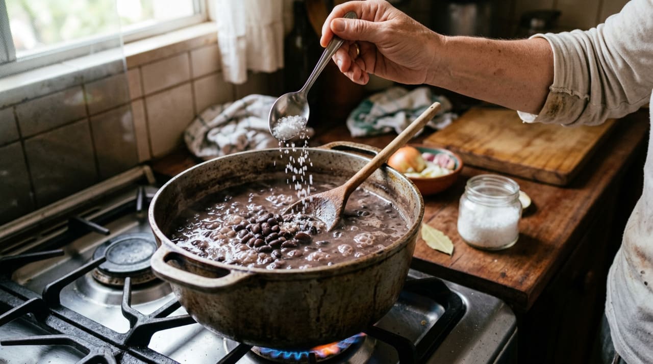 O momento ideal de adicionar o sal no feijão é quando o grão já está macio por dentro mas o cozimento ainda não terminou completamente.