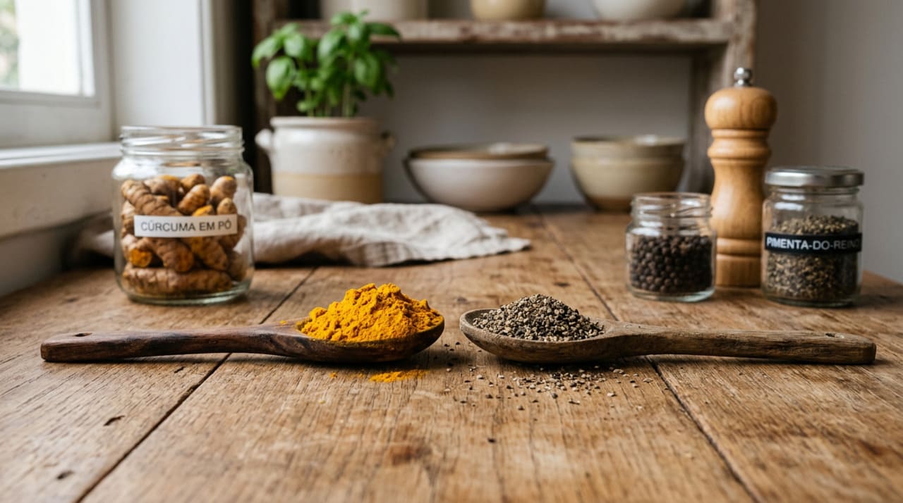A pimenta-do-reino é lembrada nessa mistura porque contém piperina, substância associada ao aumento da biodisponibilidade da curcumina