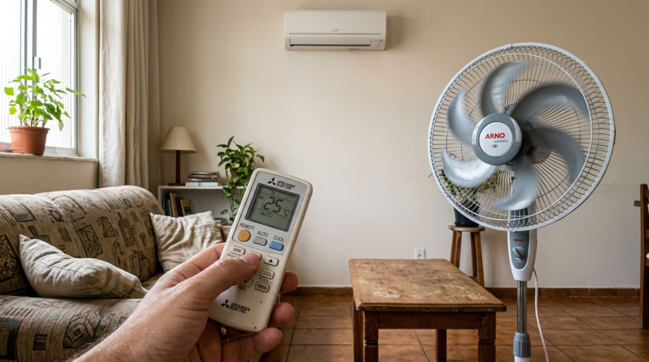 Ligar o ventilador junto com o ar ajuda a circular o frio que fica parado no chão.