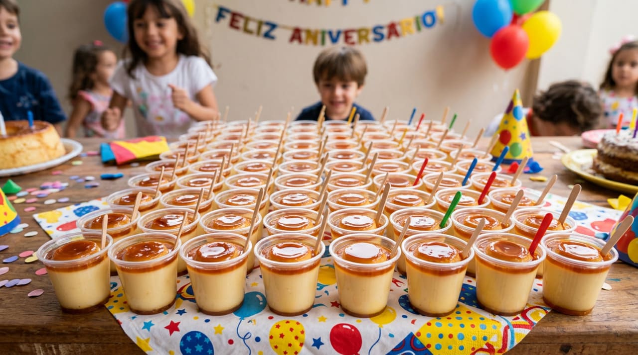 Pudim de caramelo sem ovos em copinhos fofos, receita fácil e econômica para festas escolares infantis.