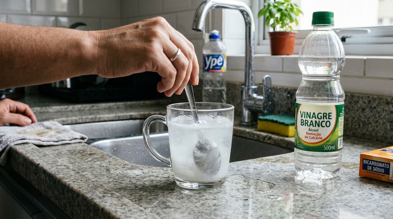 O calcário que aparece nas torneiras, pias e boxes é, na prática, carbonato de cálcio, um mineral presente na água que fica para trás quando a água evapora
