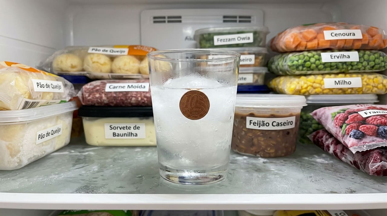 A ideia é usar uma moeda e um bloco de gelo como um “detector” caseiro de mudança de temperatura dentro do freezer