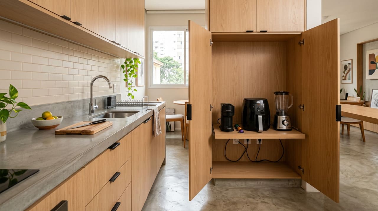 O móvel para esconder eletrodomésticos está em alta porque combina com o jeito atual de morar