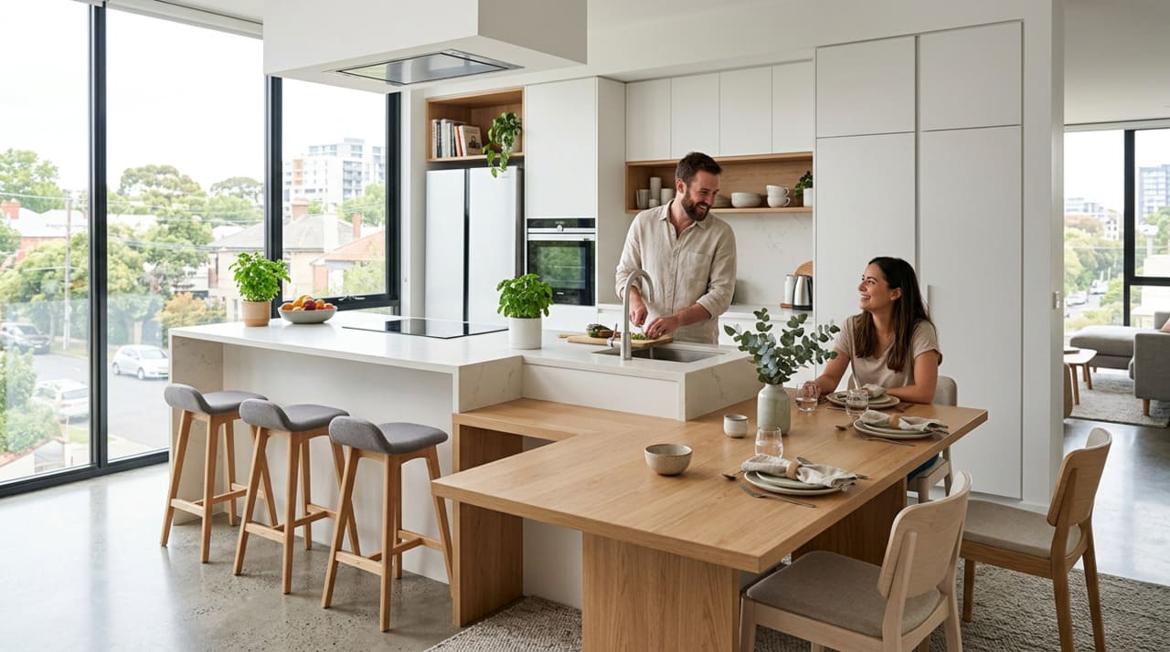 A península de cozinha com mesa integrada é uma extensão da bancada ou dos armários que avança para o ambiente em formato de “L” ou “T”