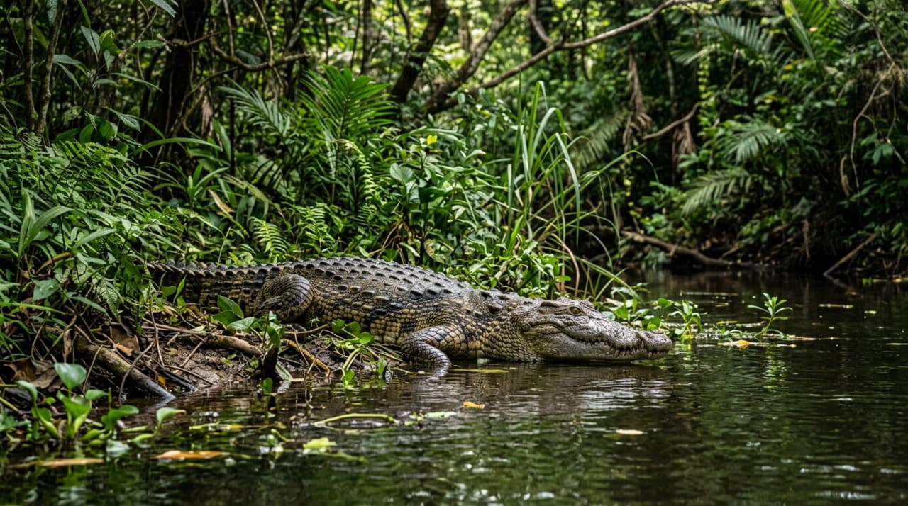 O crocodilo-siamês é o foco central deste tema, sendo uma das espécies mais raras entre os crocodilos de água doce no Sudeste Asiático