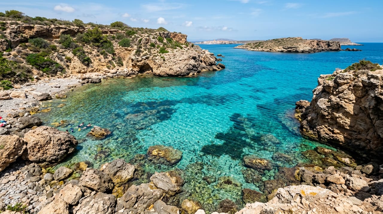As praias de águas turquesa da ilha de Tabarca são o principal atrativo visual do destino e variam bastante em tamanho