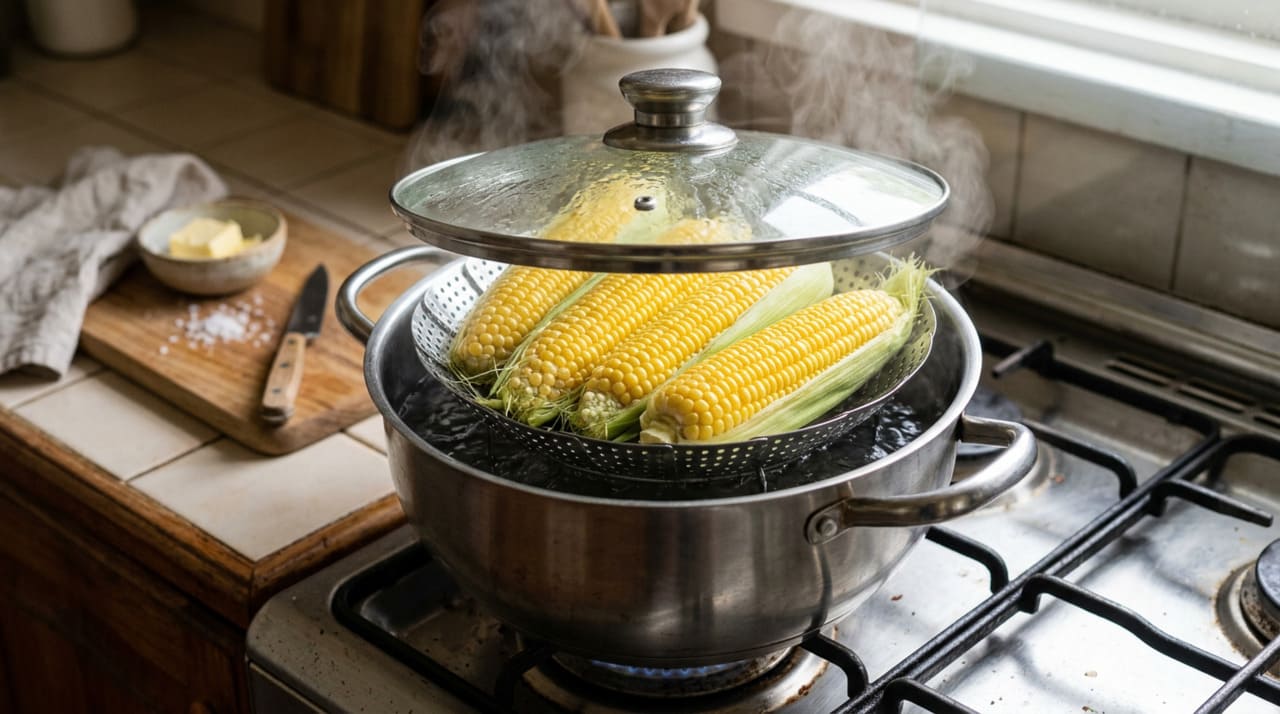 No cozimento a vapor, o milho não entra em contato direto com a água em nenhum momento