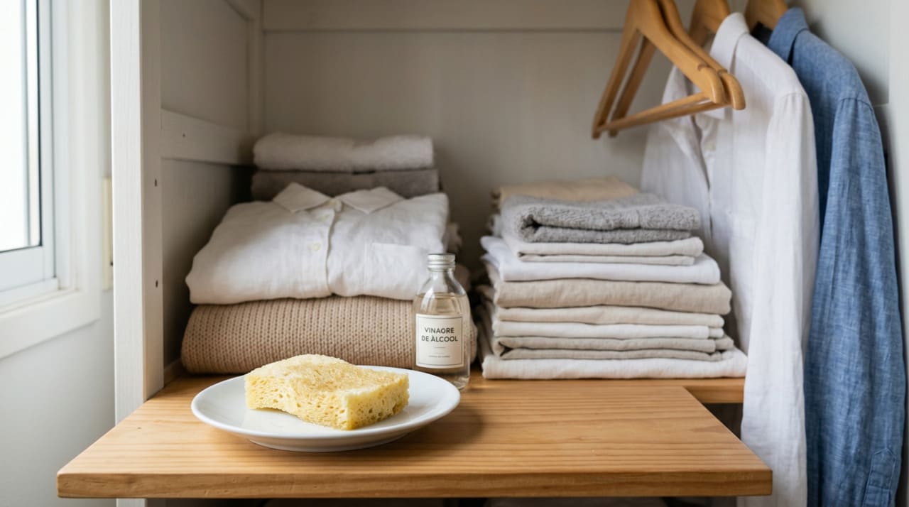 Quando você coloca o vinagre em uma esponja só levemente úmida, ela funciona como um reservatório que libera o vinagre aos poucos em forma de vapor