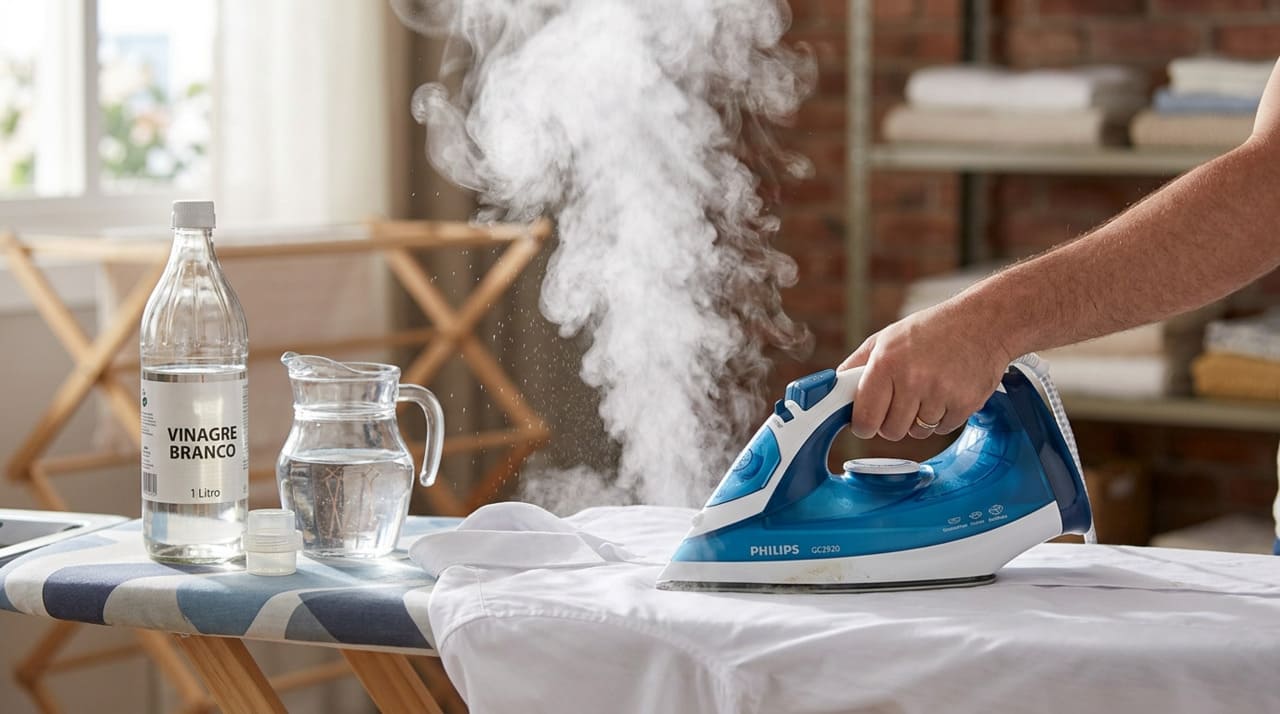 O vinagre branco diluído é usado principalmente para tirar a calcificação interna do ferro a vapor