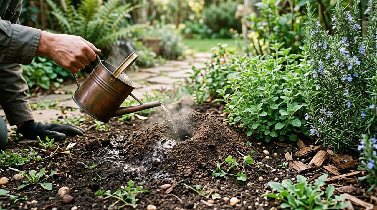 O uso de água quente é um método simples para atingir diretamente as formigas próximas à entrada do ninho e desestruturar parte dos túneis internos