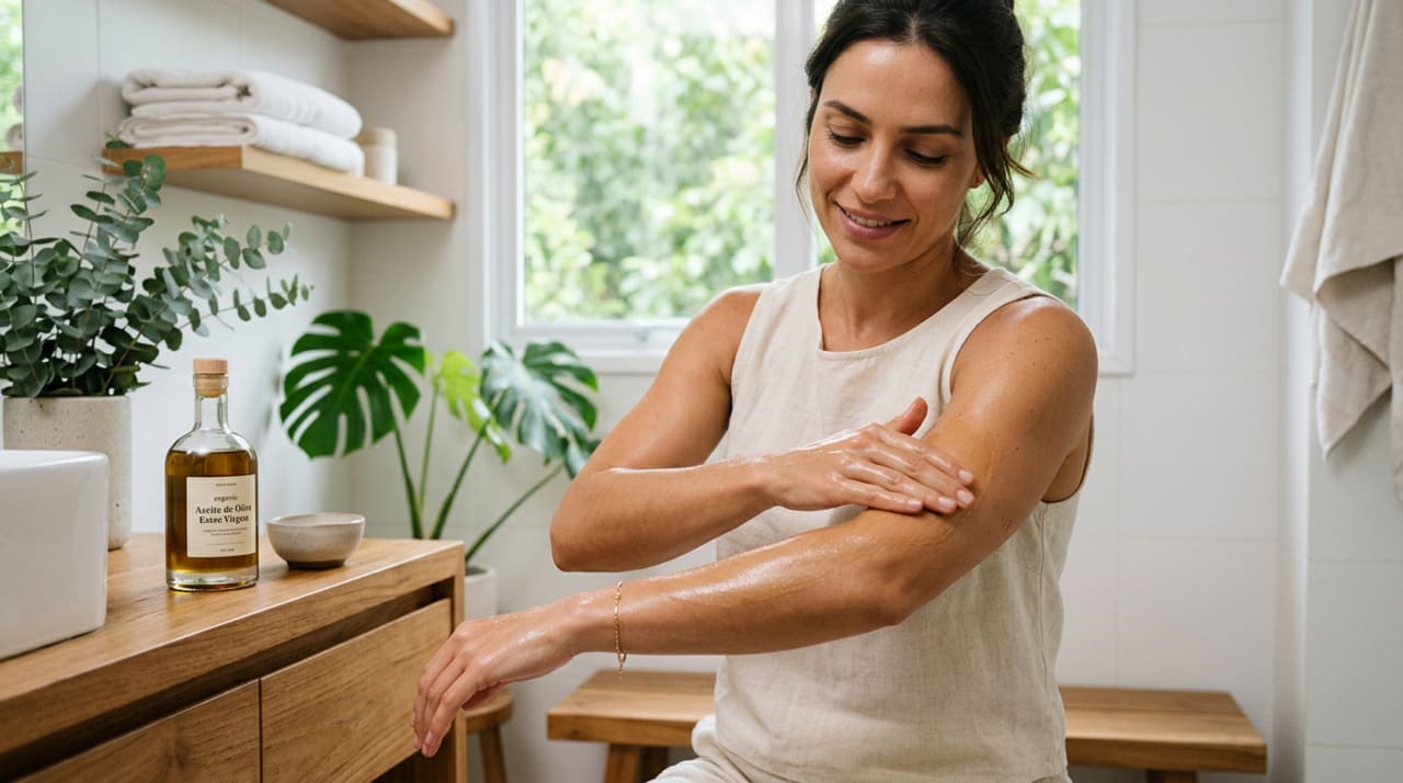 O azeite de oliva é conhecido por sua alta concentração de vitamina E e antioxidantes, que combatem os radicais livres responsáveis pelo envelhecimento precoce da pele