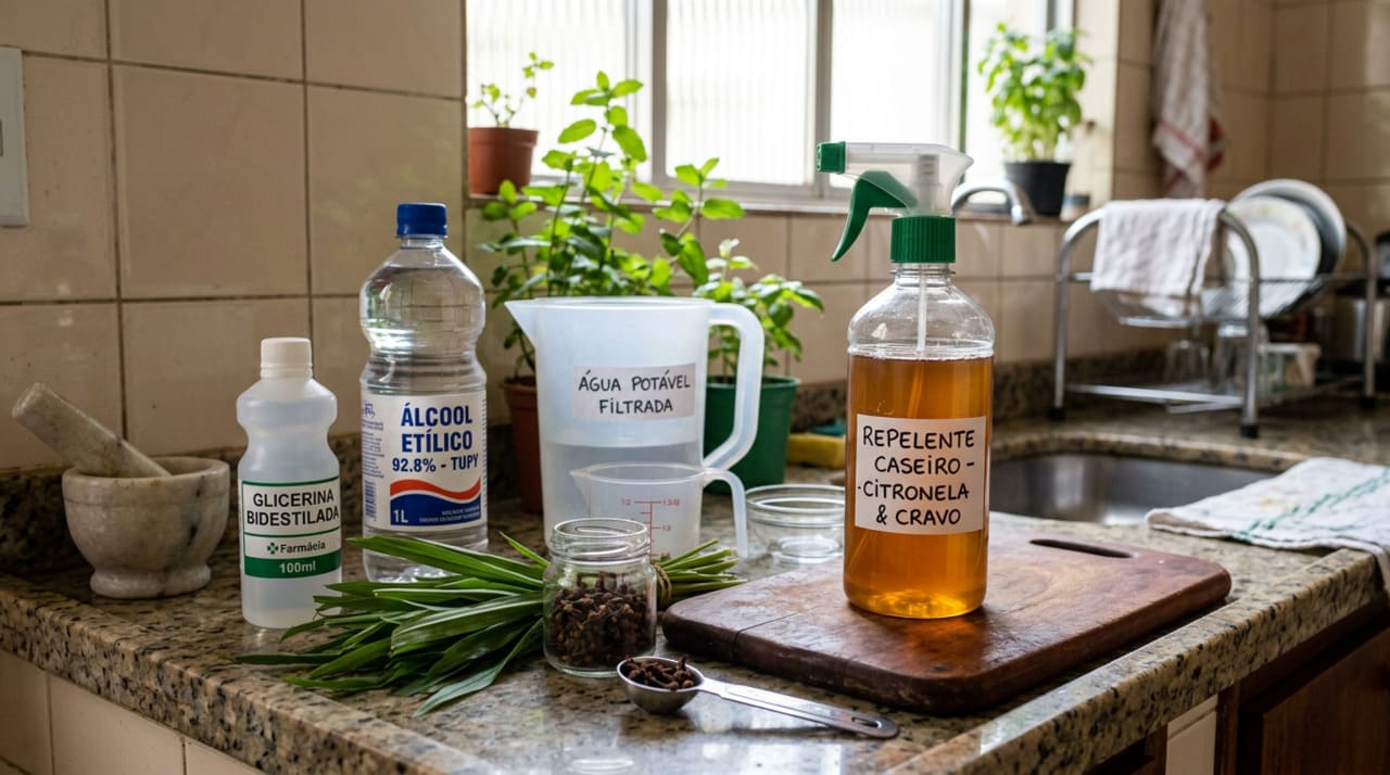 A receita do repelente caseiro é acessível e pode ser preparada em poucos minutos com ingredientes encontrados em qualquer farmácia ou loja de produtos naturais.