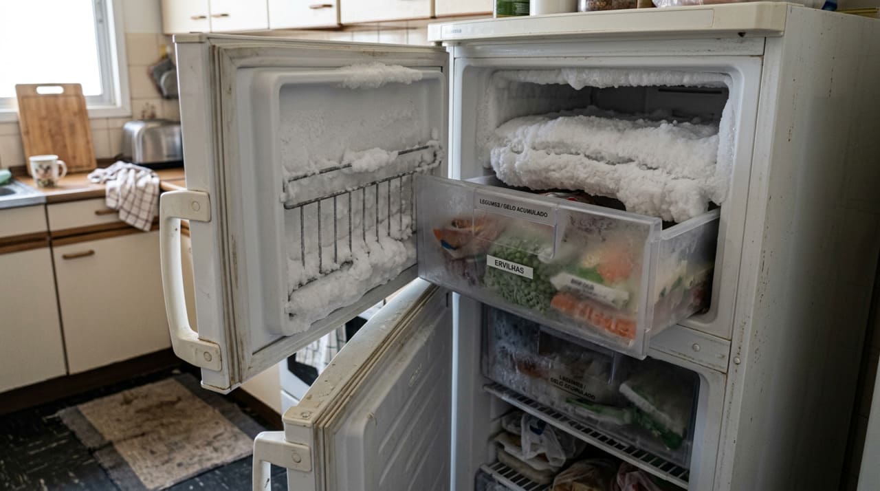 O gelo aparece quando o ar úmido entra no freezer e vira cristais nas partes mais frias.