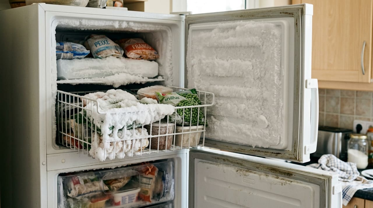 Com o passar do tempo, o gelo vai grudando nas paredes do congelador e em outras partes internas e isso atrapalha muito o funcionamento da geladeira