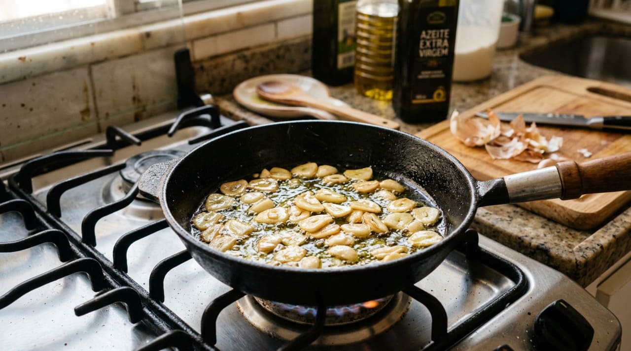 O primeiro vilão é o alho em pó ou o alho processado em pasta comprada pronta