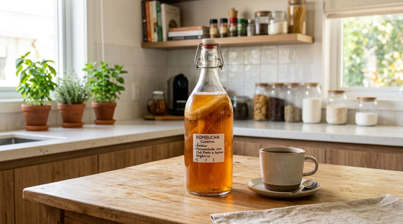 A kombucha é um chá fermentado preparado com uma cultura simbiótica de bactérias e leveduras chamada SCOBY