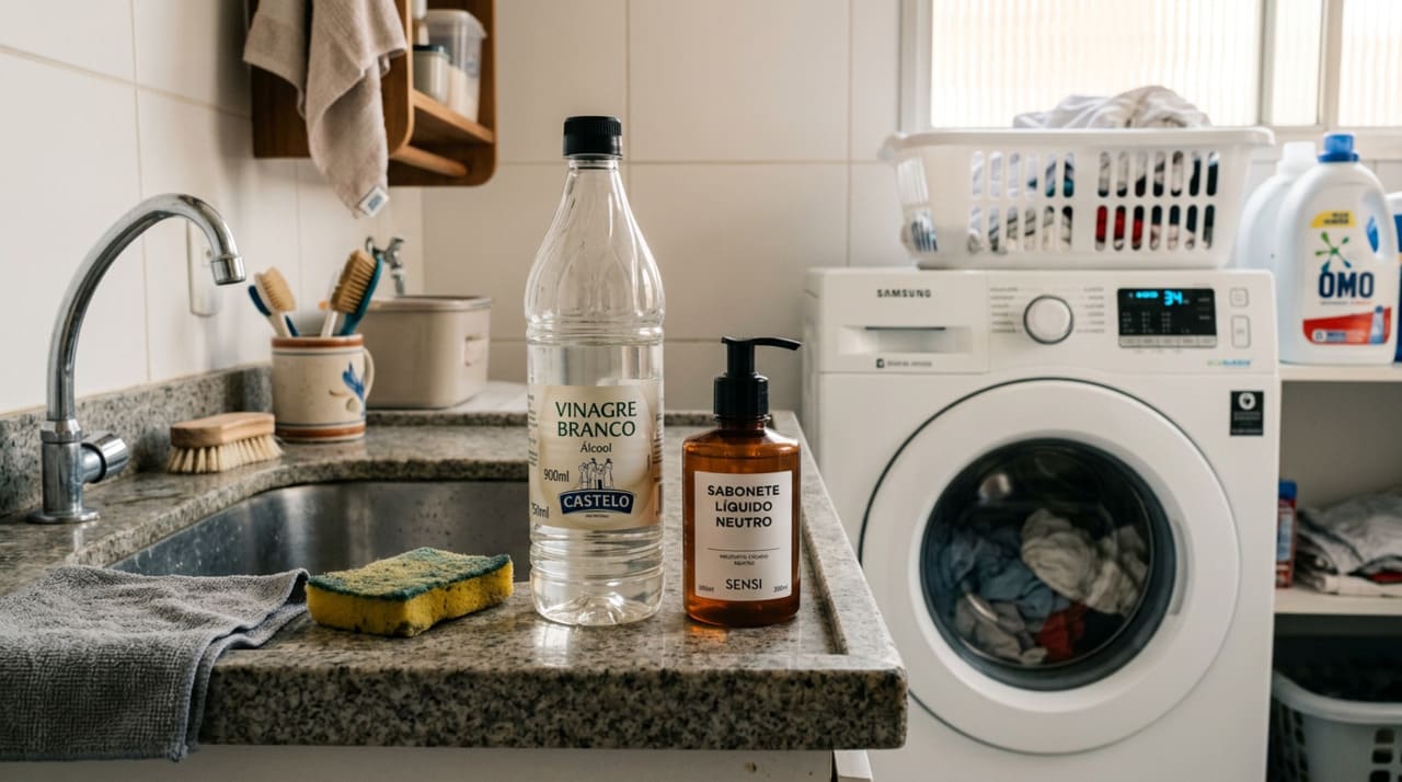 A função principal da mistura de vinagre branco e sabonete líquido é na lavagem de roupas