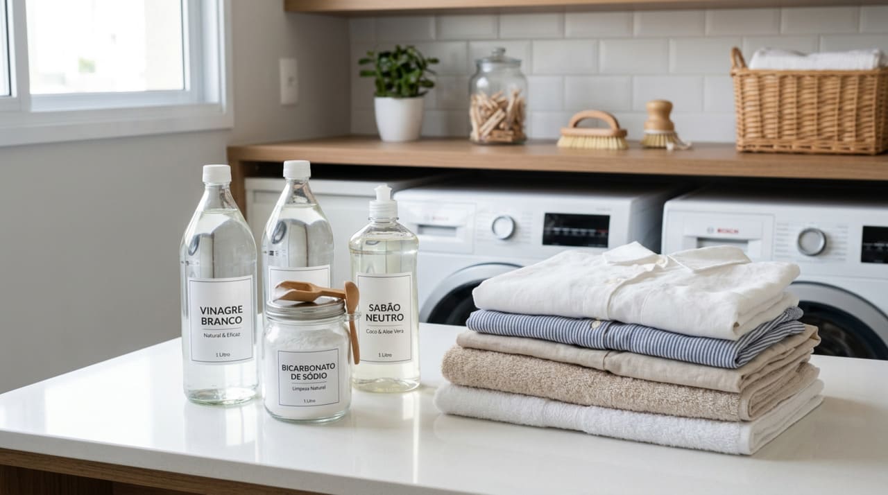 Os grandes aliados dessa rotina mais simples são o vinagre branco de álcool, o bicarbonato de sódio e o sabão neutro, em barra ou líquido.
