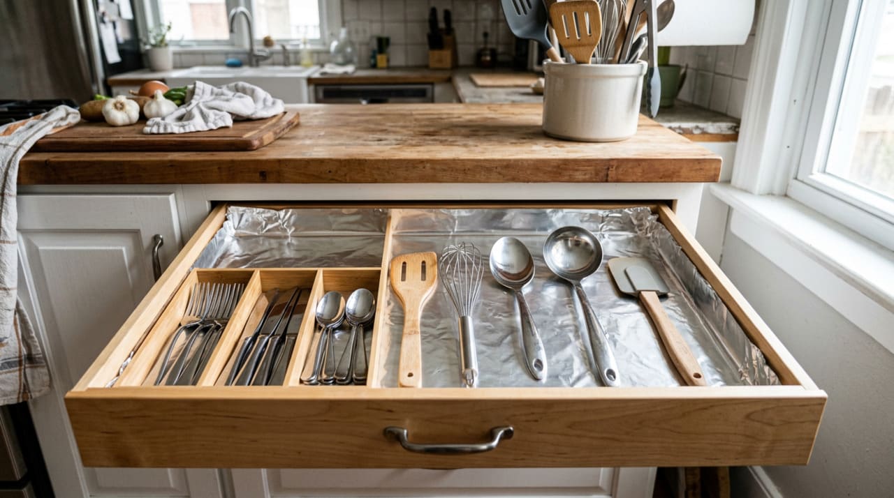 A função principal de colocar papel-alumínio nas gavetas da cozinha é proteger as superfícies internas contra umidade, gordura e restos de alimentos.
