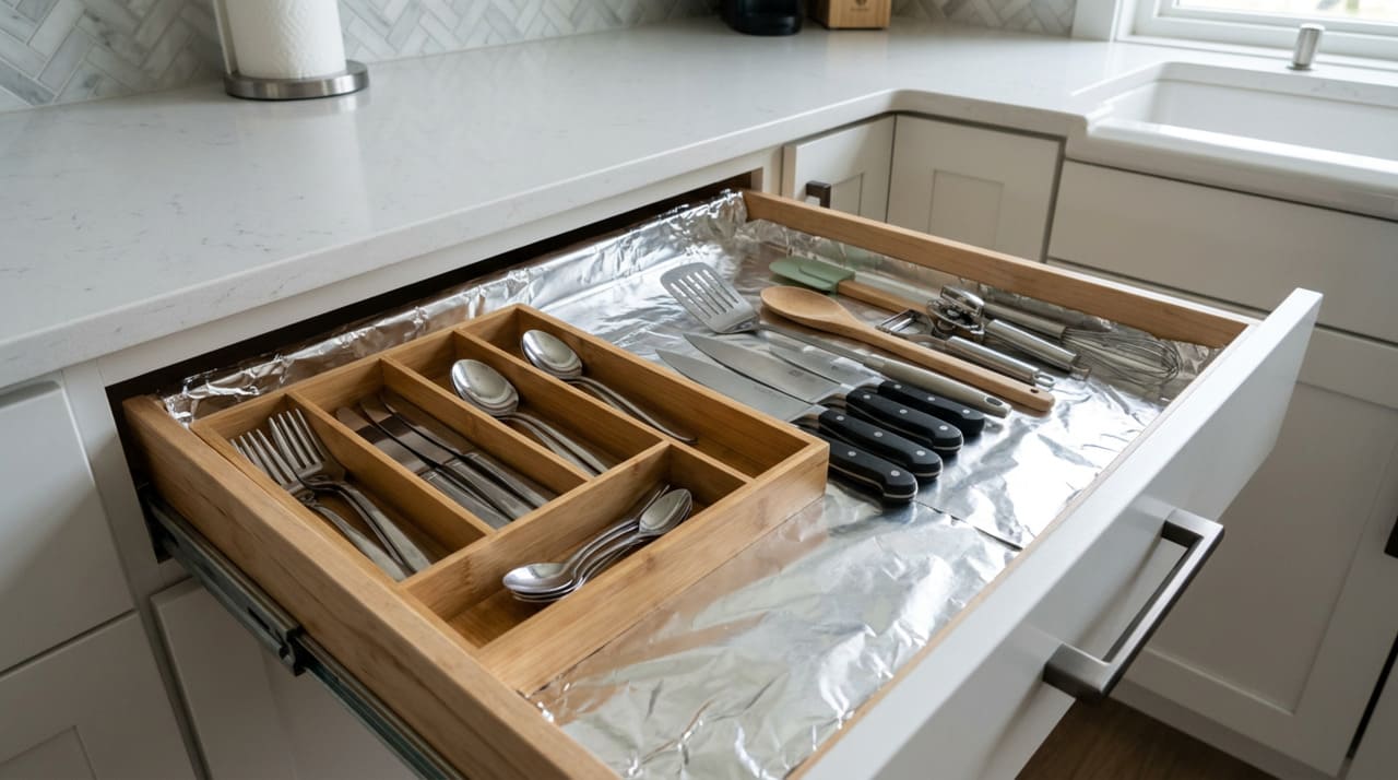 O papel-alumínio atua como uma barreira entre o conteúdo da gaveta e a superfície original