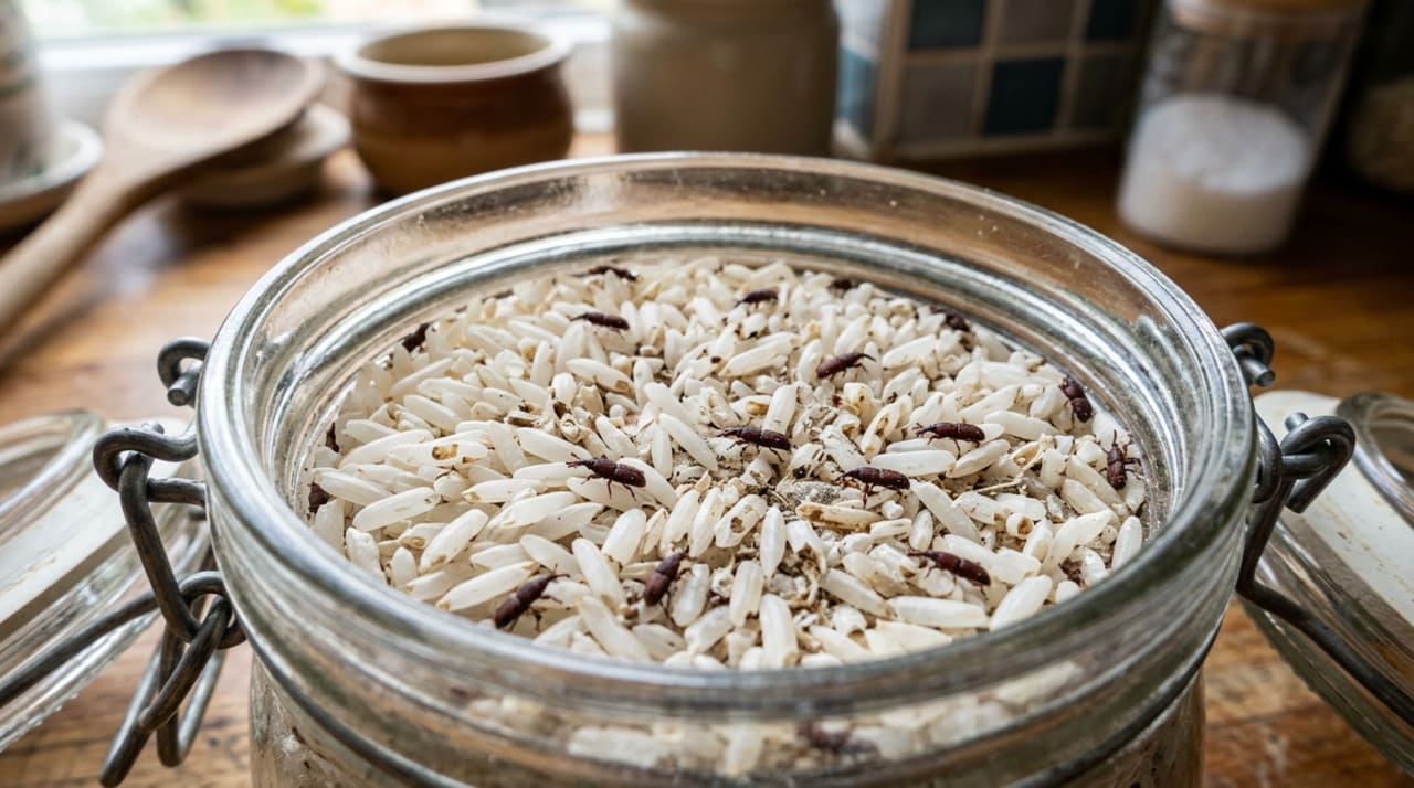 O passo mais importante para armazenar arroz com segurança é transferi-lo da embalagem original para um recipiente hermético assim que chegar em casa.