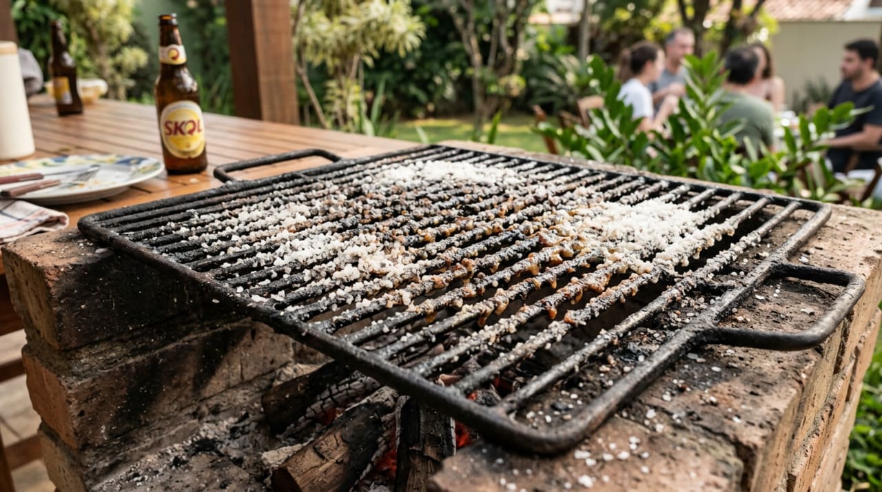 O sal grosso tem a capacidade de puxar umidade e “secar” a gordura, ajudando a descolar a sujeira do metal.