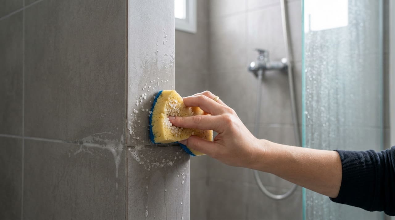 O uso do sal grosso pode fazer sentido quando os cantos do box apresentam resíduos leves