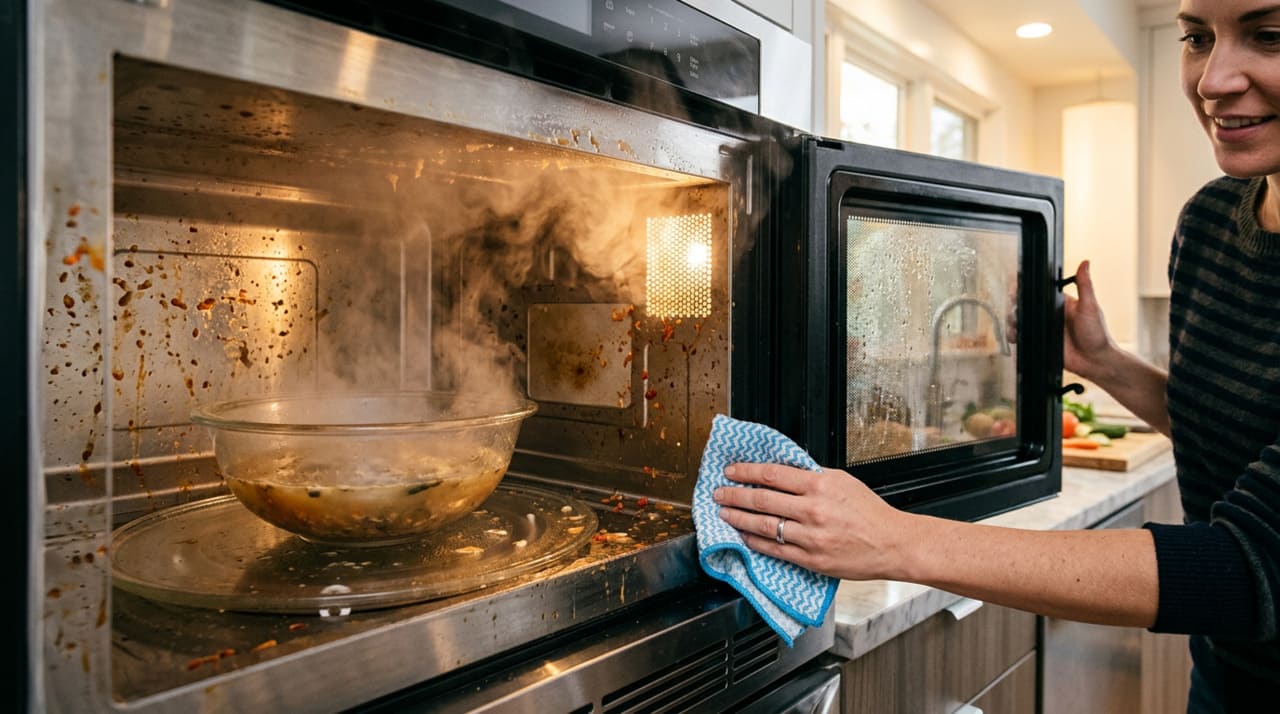 O micro-ondas esquenta a água rapidinho e transforma em vapor, que se espalha por todo o interior do aparelho.