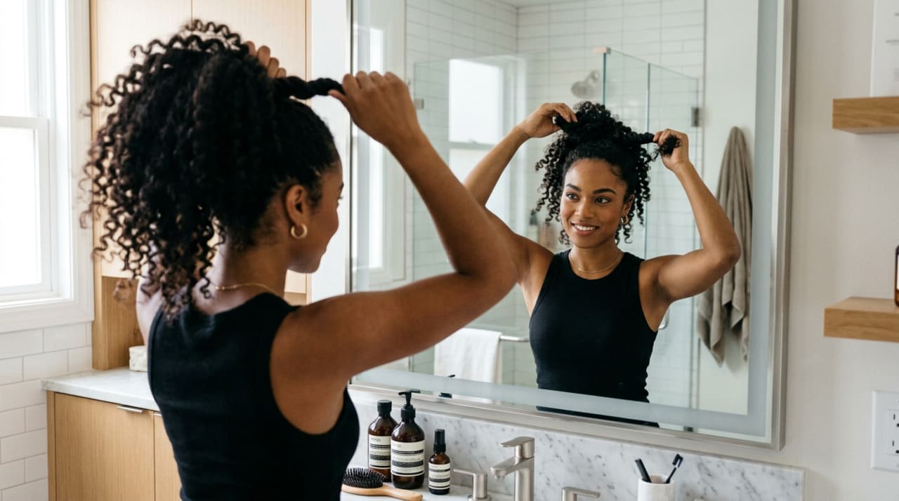 O rabo de cavalo alto torcido em cabelos cacheados é uma variação do rabo de cavalo tradicional, preso no topo ou na parte intermediária da cabeça.