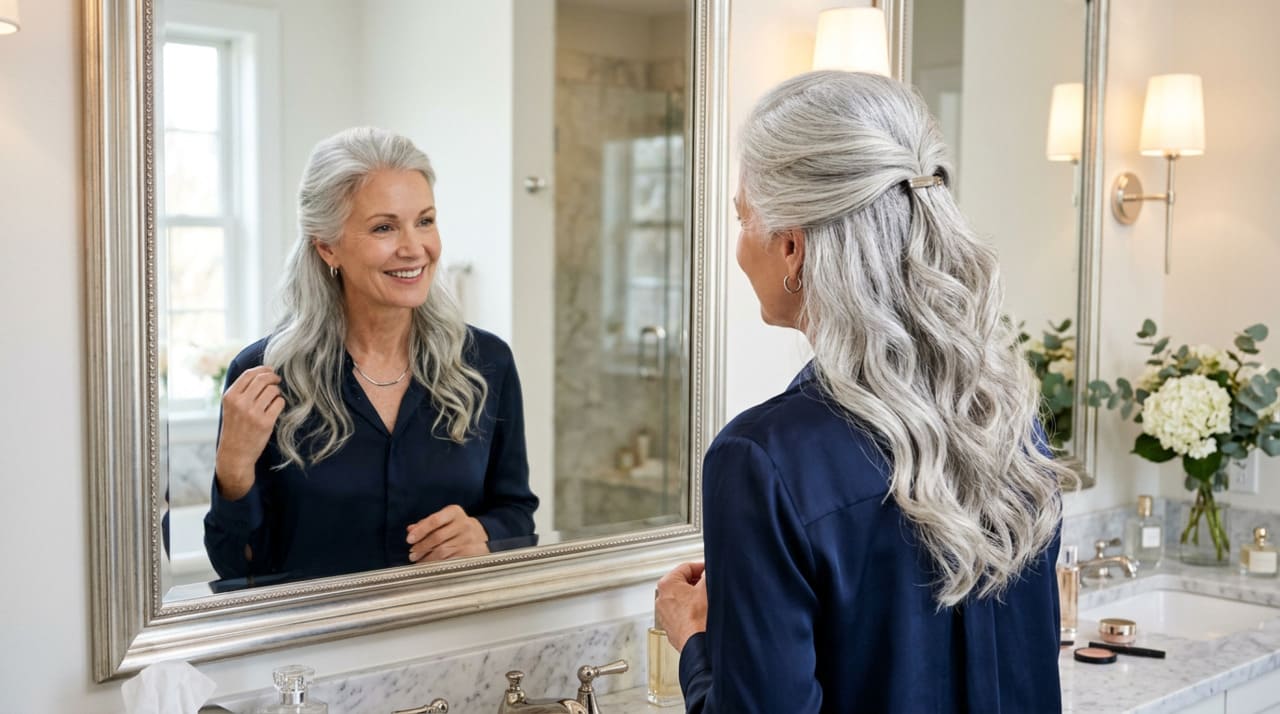 A principal vantagem do meio-preso com ondas soltas em cabelos grisalhos é o equilíbrio entre estrutura e movimento