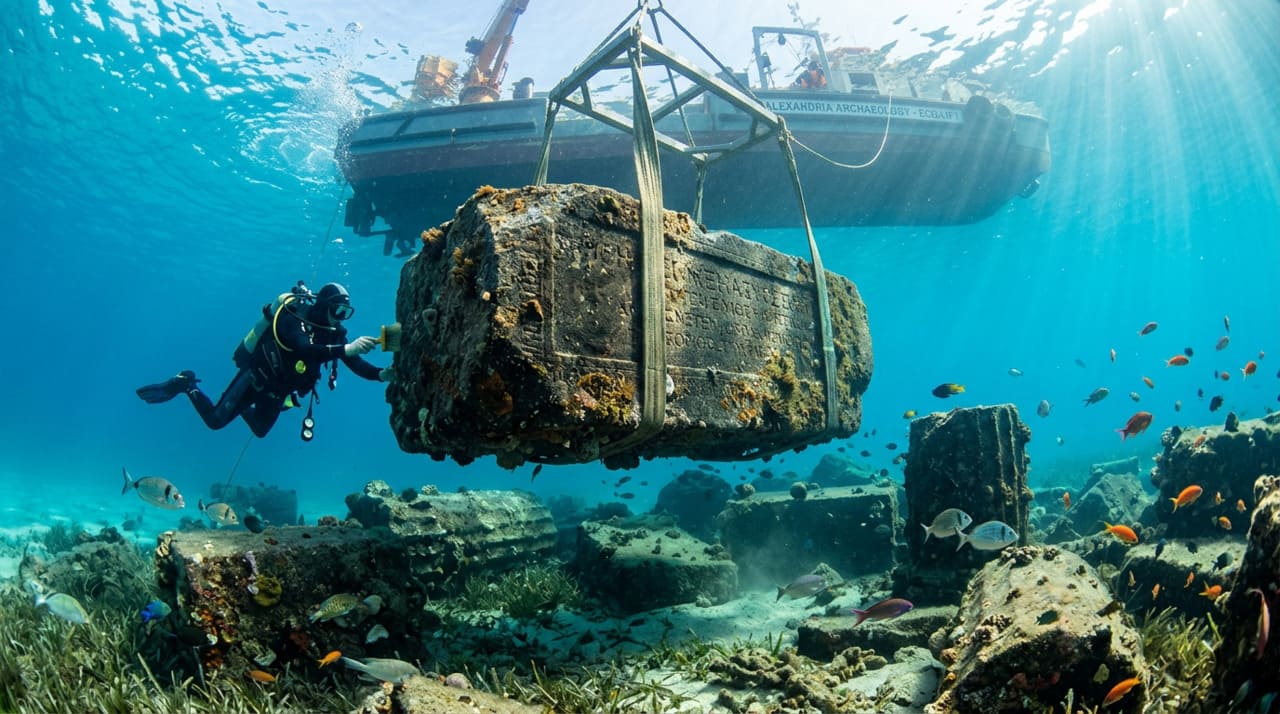 A retirada cuidadosa de peças que pesam até oitenta toneladas exige um planejamento rigoroso que respeita o leito oceânico e as correntes naturais da região egípcia