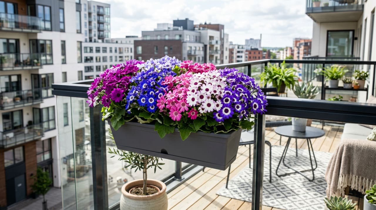 A cinerária para jardineiras é uma planta ornamental de porte baixo, com folhas verde-escuras e muitas flores ao mesmo tempo.