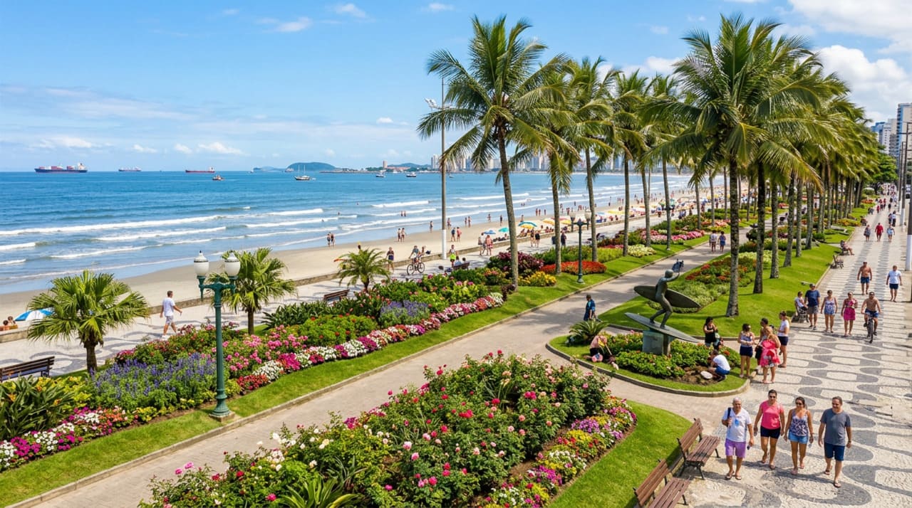 A orla de Santos funciona como um parque linear à beira-mar