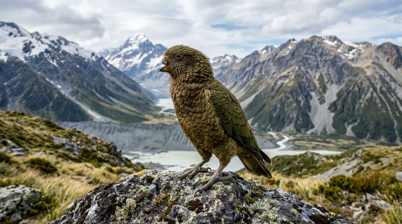 Papagaio neozelandês com deficiência usa bico quebrado para alcançar a posição de alfa