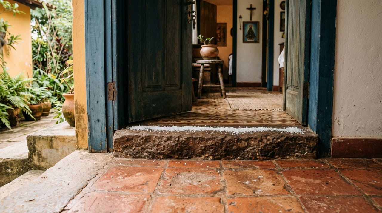 A principal preocupação prática de quem considera experimentar a prática é evitar que o sal grosso danifique o acabamento do piso na soleira ou deixe marcas difíceis de remover.