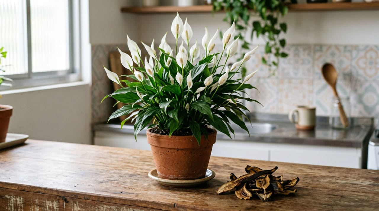 A casca de banana é o resíduo de cozinha mais eficaz para estimular a floração do lírio-da-paz