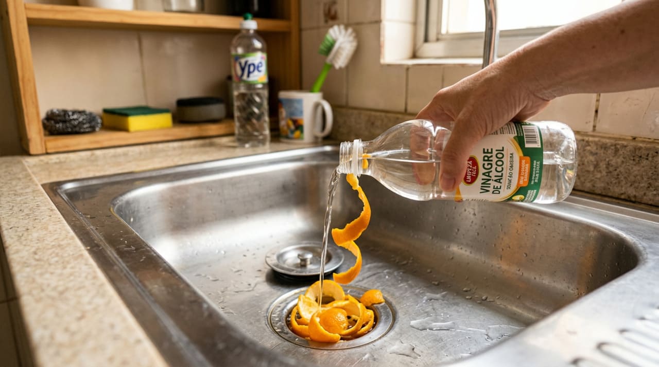 O principal objetivo de despejar vinagre com casca de laranja nos ralos é combater mau cheiro, gordura acumulada e insetos que entram pela tubulação
