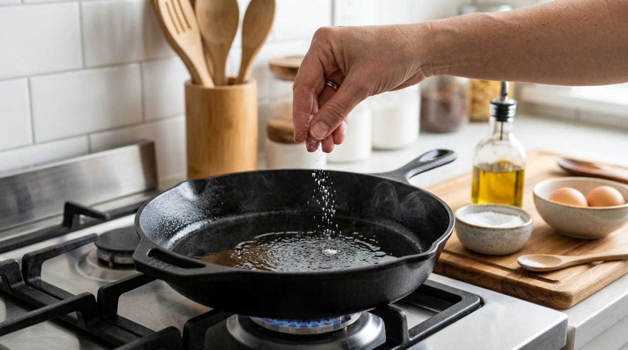 Além de evitar que o ovo grude, o sal na frigideira contribui diretamente para a textura final do prato