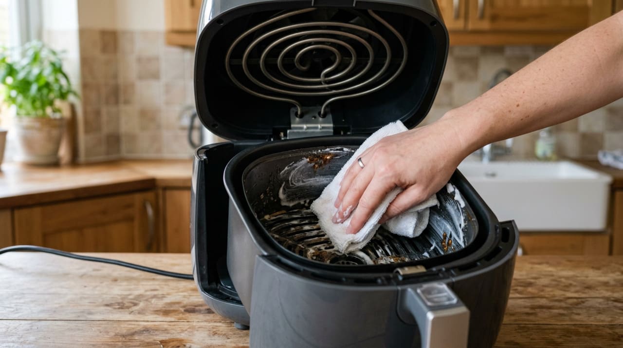 O método mais eficiente para o cesto e a bandeja da air fryer combina a ação abrasiva suave do bicarbonato de sódio