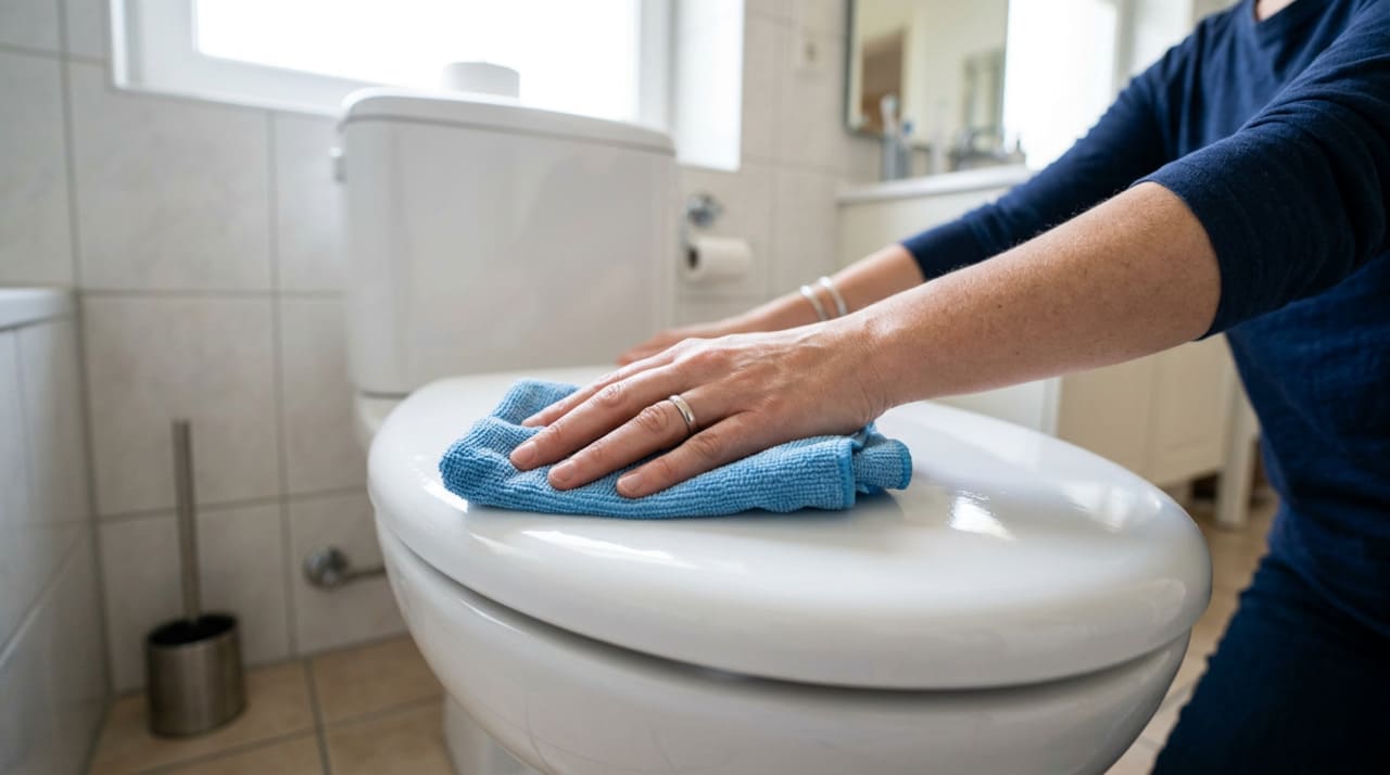 O método correto para limpar o assento do vaso sanitário sem criar desgaste abrasivo é usar pano de microfibra ou esponja de lado macio