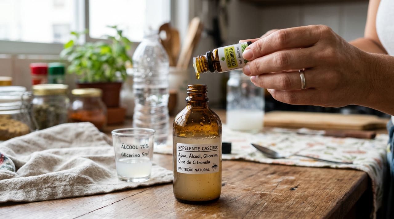 A receita do repelente caseiro é acessível e pode ser preparada em poucos minutos com ingredientes encontrados em qualquer farmácia ou loja de produtos naturais.