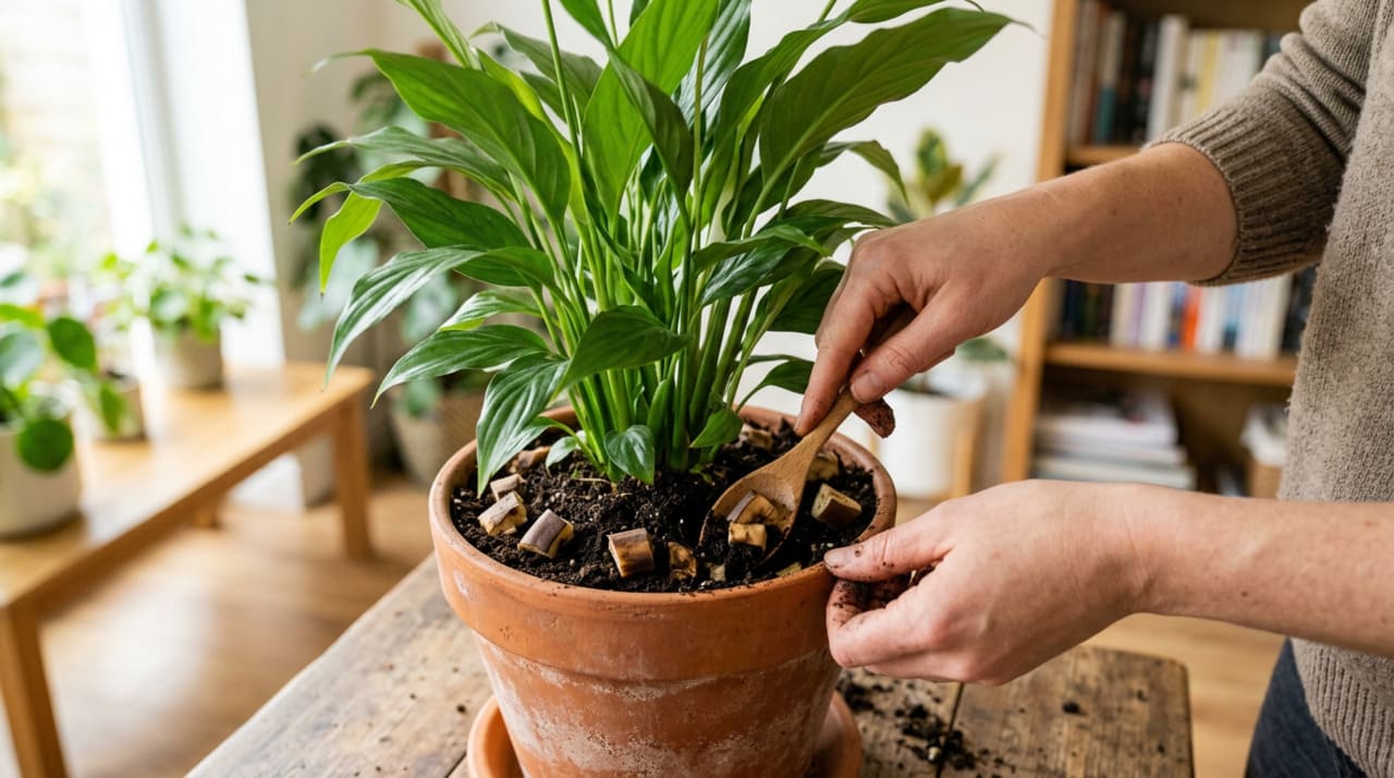 A casca de banana é o resíduo de cozinha mais eficaz para estimular a floração do lírio-da-paz